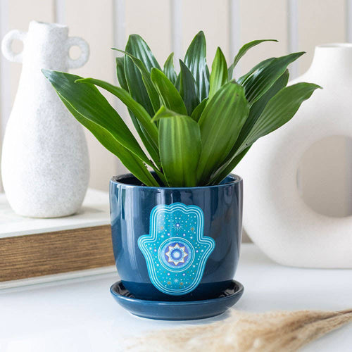 Blue Hand of Hamsa Ceramic Plant Pot